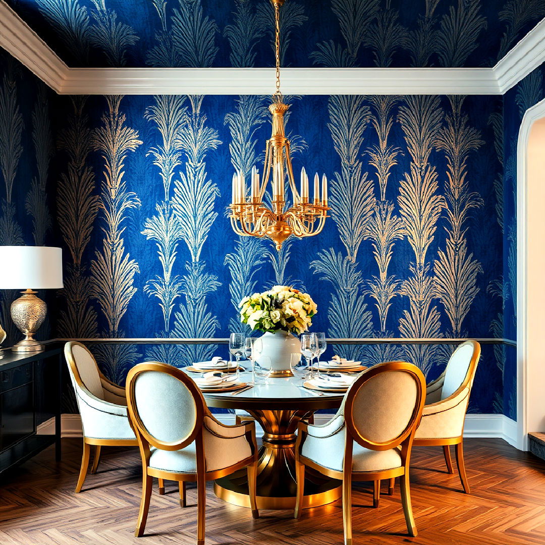 bold blue wallpaper with metallic accents - 40 Blue Dining Room Ideas