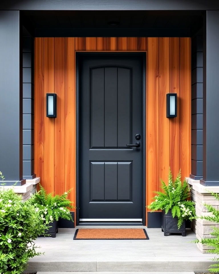 bold charcoal door with cedar - 20 Cedar Front Door Colors Ideas