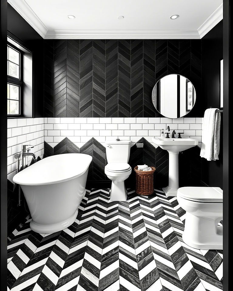 bold chevron pattern tiles for bathroom - 20 Black and White Bathroom Tile Ideas