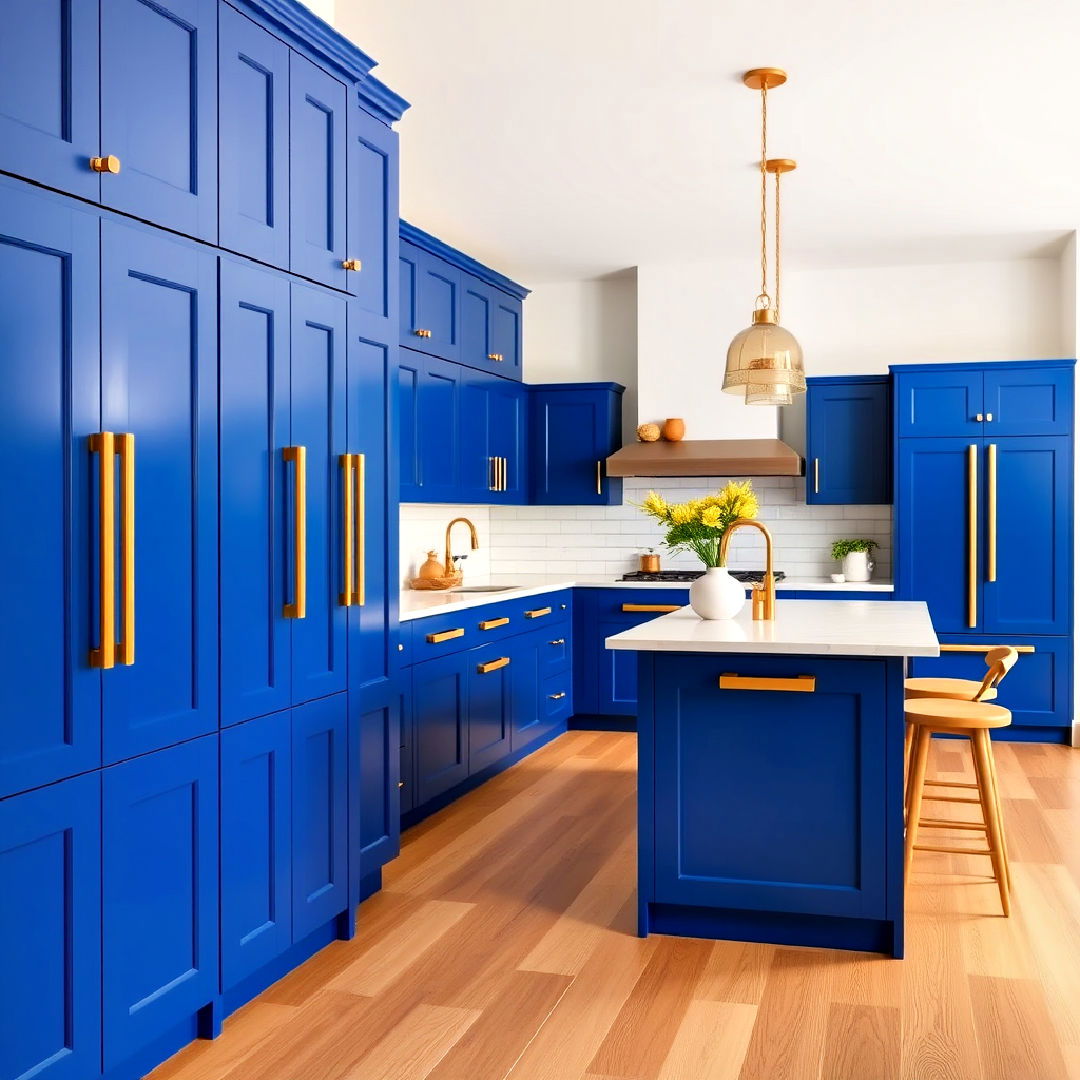 bold cobalt blue cabinets and oversized gold hardware - 30 Blue Kitchen Cabinets With Gold Hardware