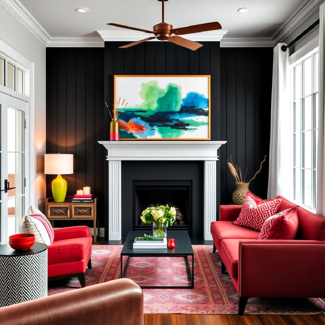 bold color accents decor - 40 Black Shiplap Fireplace Ideas