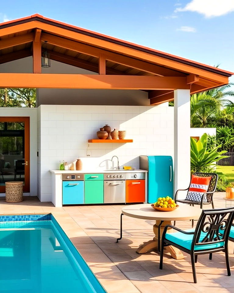 bold color accents for pool house kitchen - 20 Pool House With Outdoor Kitchen Ideas