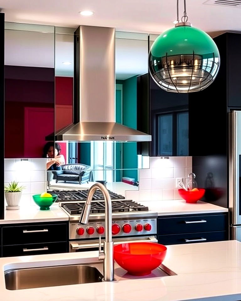 bold color accents with mirrored backsplash - 30 Mirrored Backsplash Kitchen Ideas
