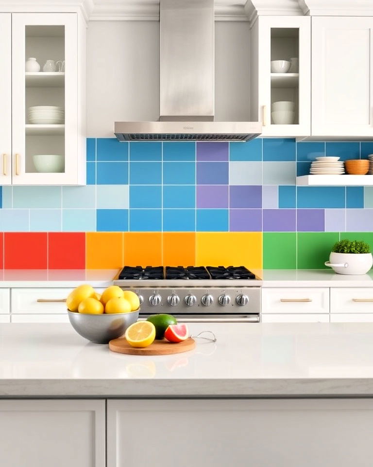 bold color blocks backsplash - 40 Kitchen Backsplash Ideas for White Cabinets