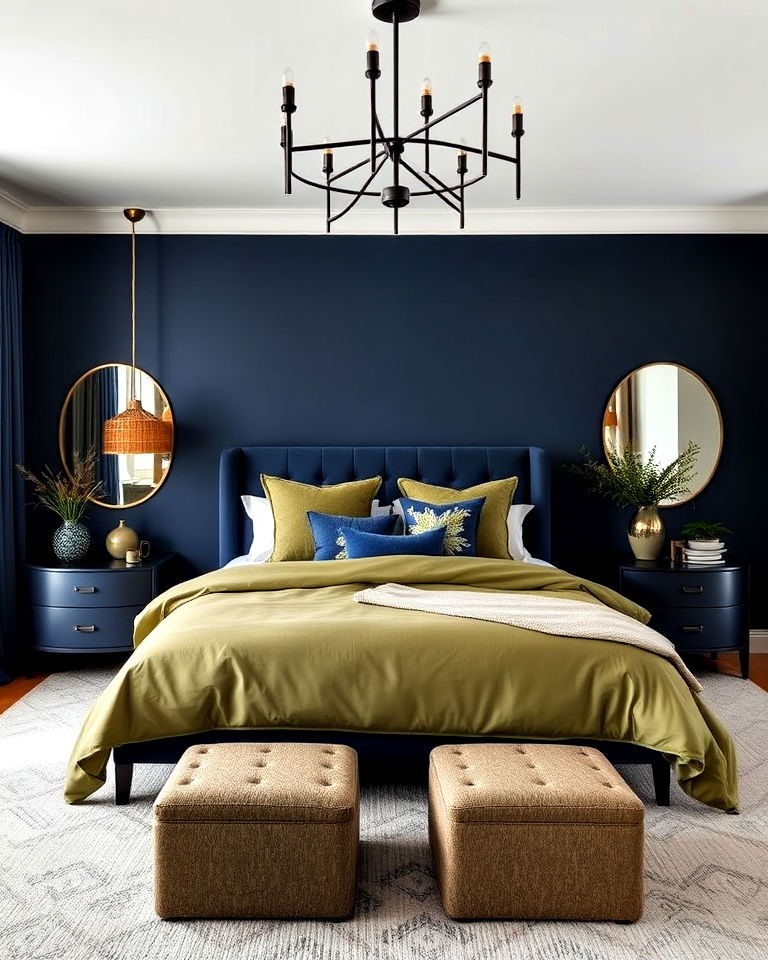 bold contrast of olive green and navy blue - 25 Olive Green Bedroom Ideas