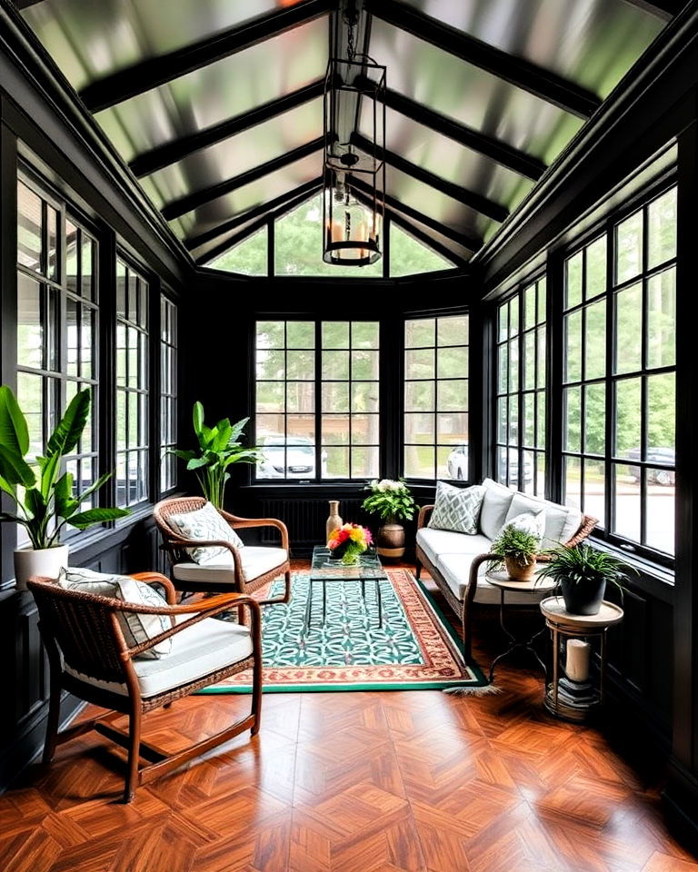 bold flooring for black sunroom - 20 Black Sunroom Ideas