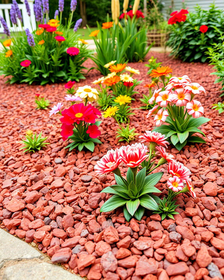 bold flower bed accents - 20 Red Lava Rock Landscaping Ideas