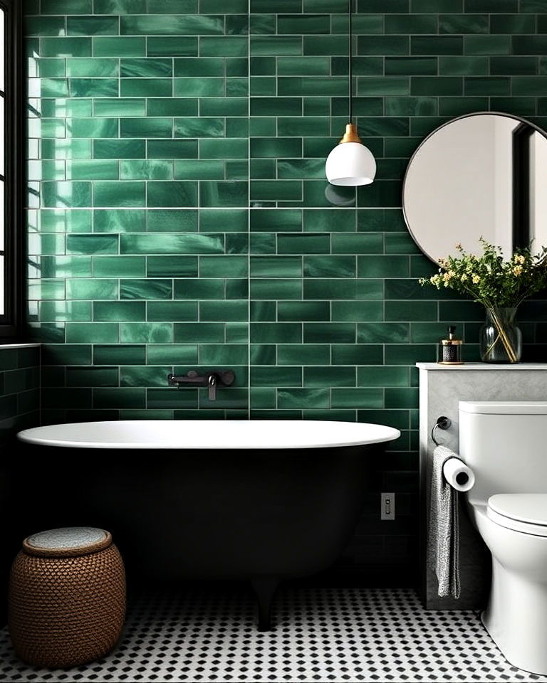 bold forest green feature wall design - 20 Small Green Bathroom Ideas