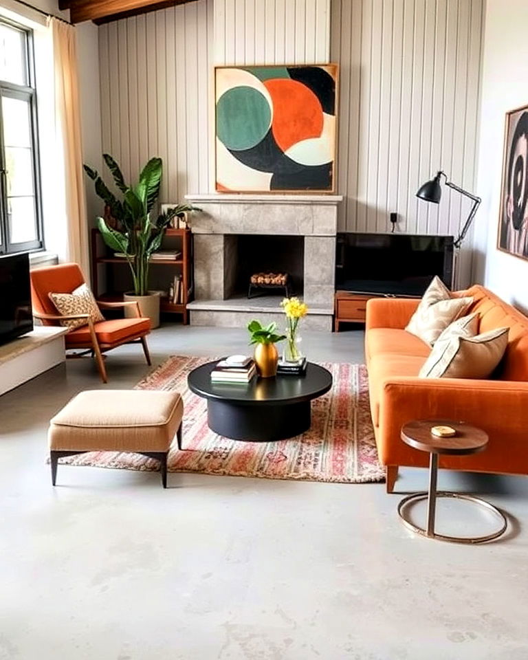 bold furniture accents for concrete floor - 20 Concrete Floor Living Room Ideas