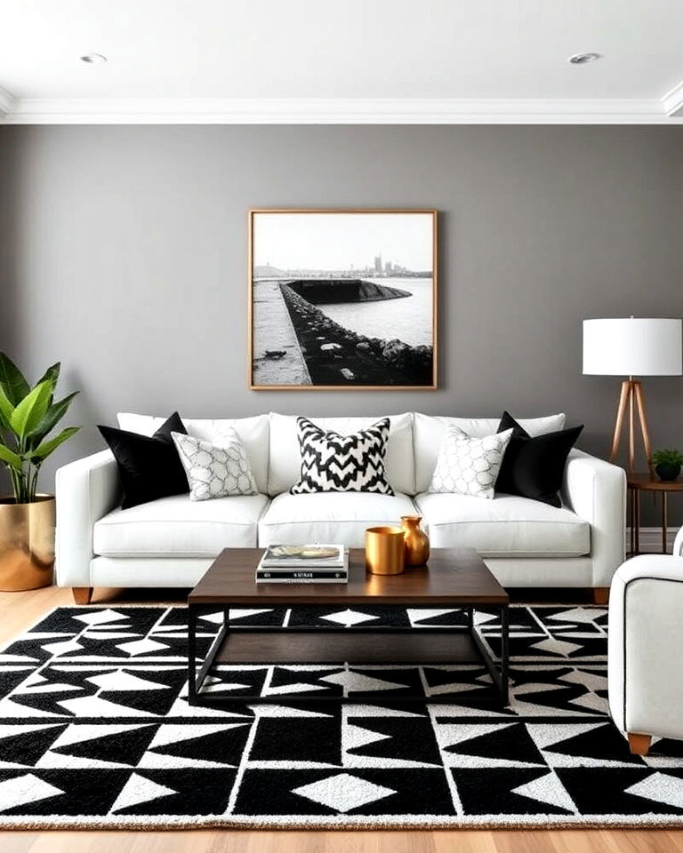 bold geometric patterns for living room - 30 White Couch Living Room Ideas