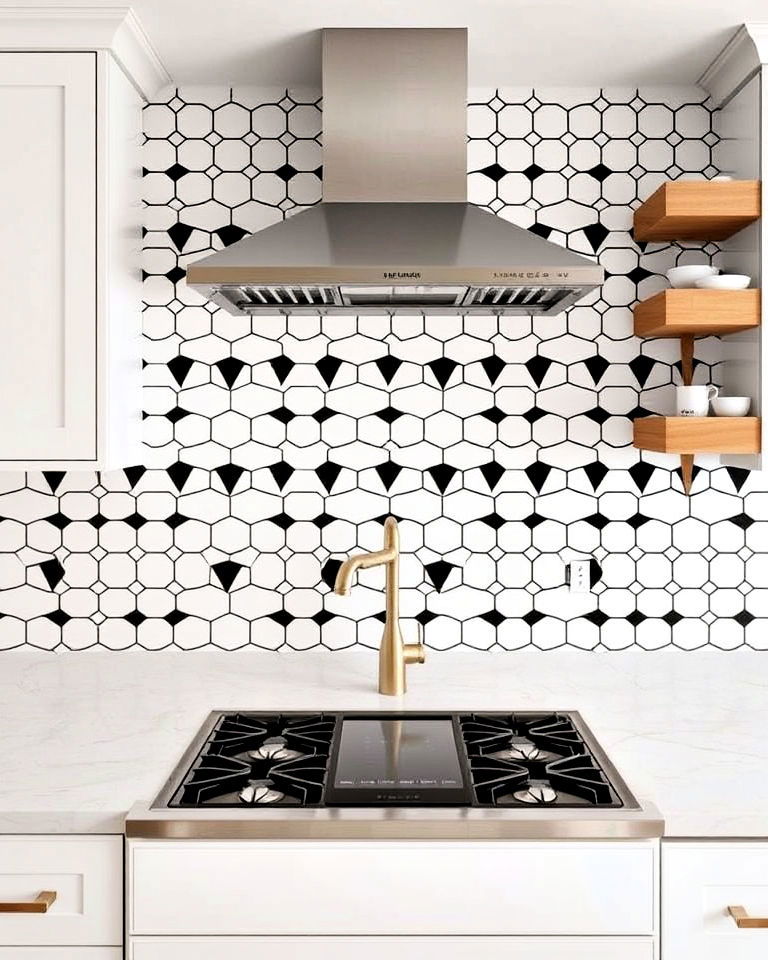 bold geometric patterns to add modern touch - 40 Kitchen Backsplash Ideas for White Cabinets