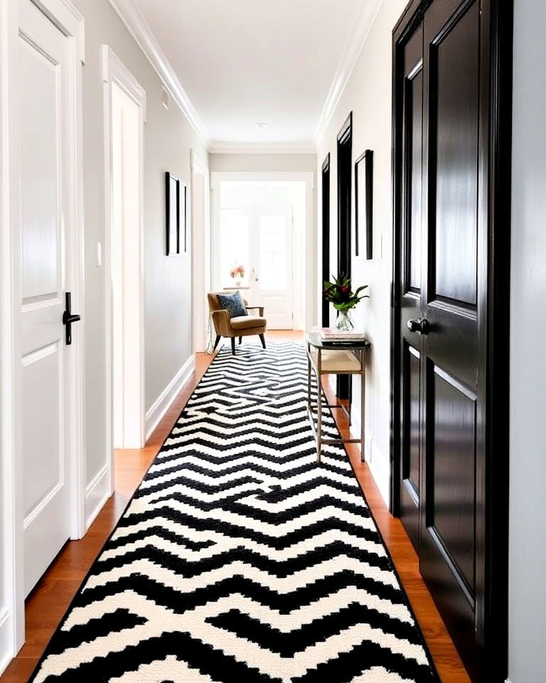 bold geometric rugs for black and white hallway - 20 Black and White Hallway Ideas