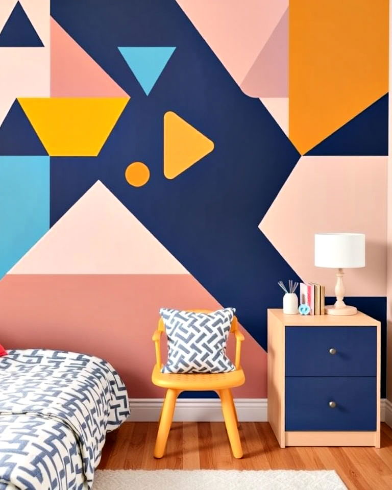 bold geometric shapes on accent wall - 30 Kids Room Accent Wall Ideas