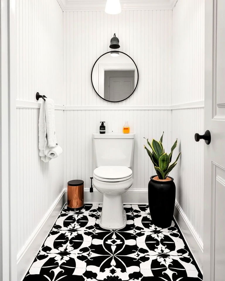 bold graphic tiles for powder room floor - 25 Powder Room Floor Tile Ideas