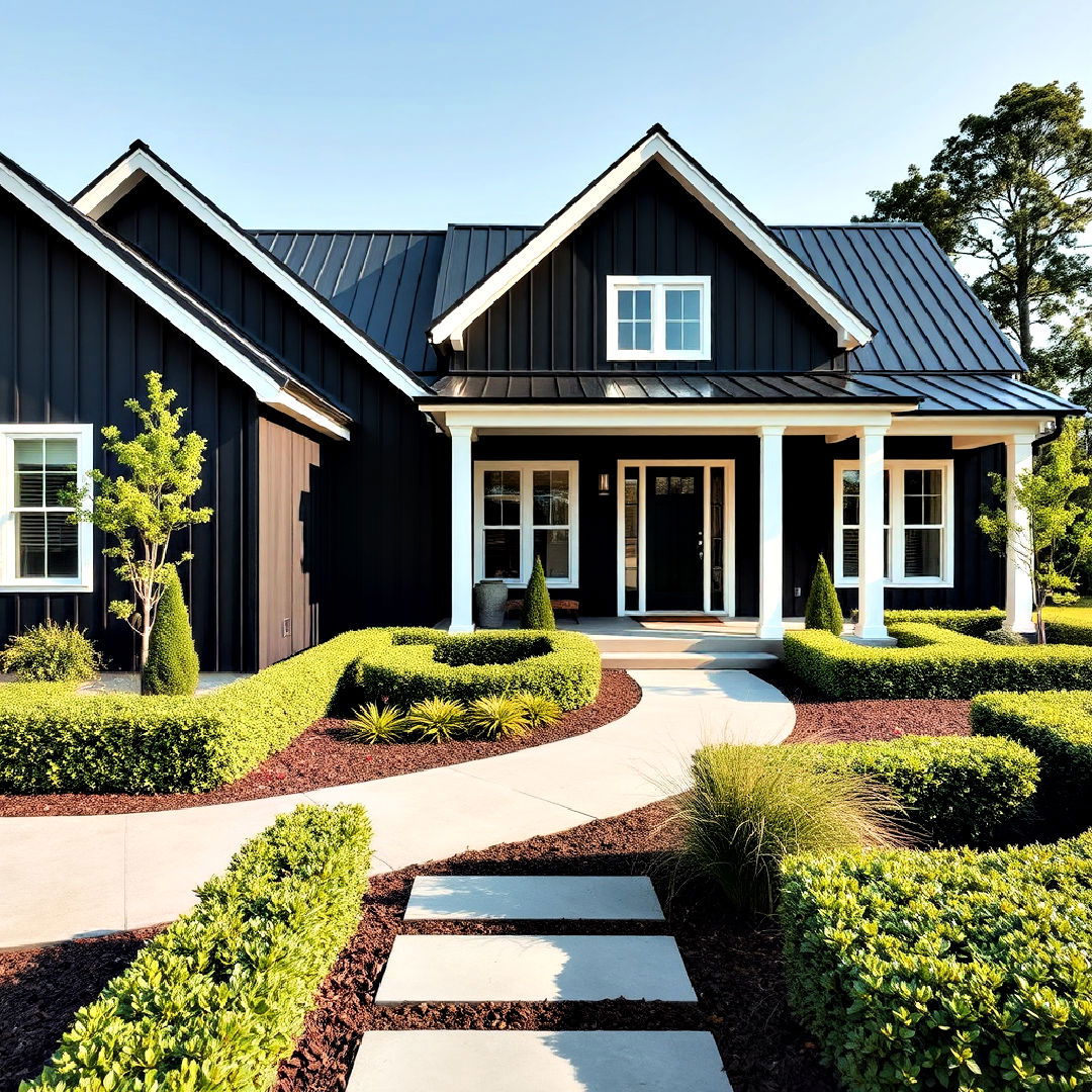 bold landscaping for black modern farmhouse exterior design - 40 Black Modern Farmhouse Exterior Design Ideas