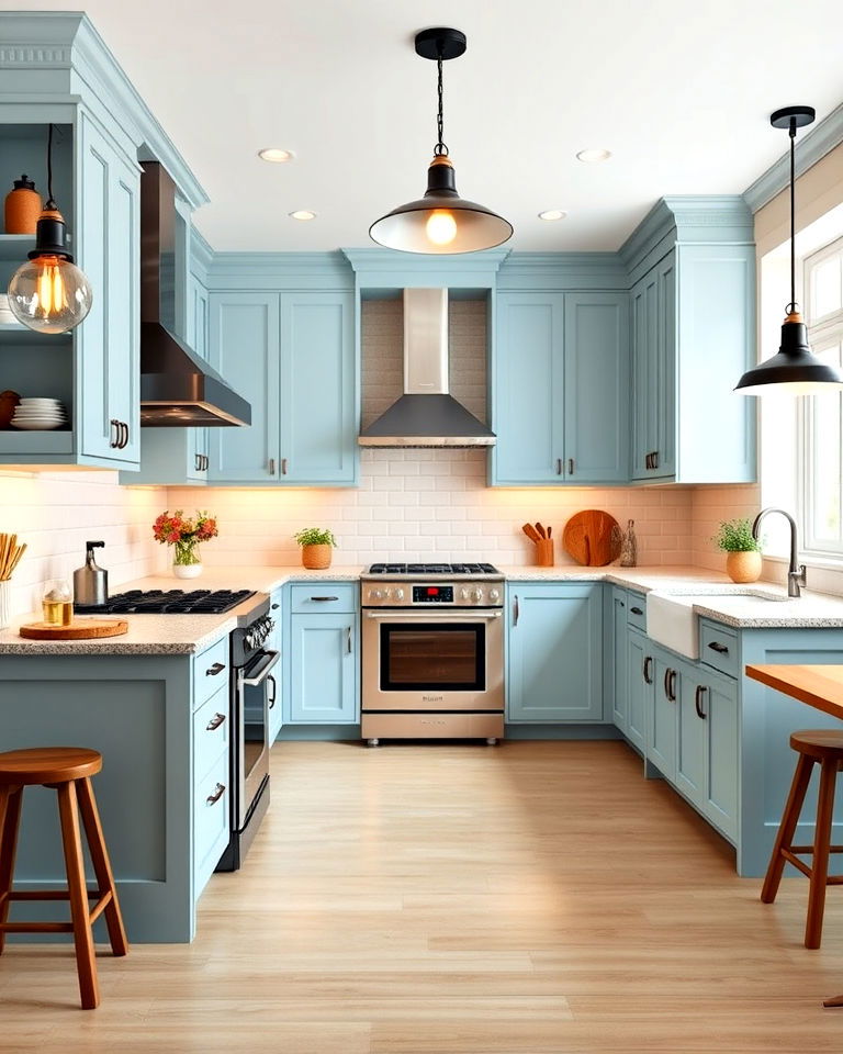 bold lighting fixtures for light blue cabinets - 20 Light Blue Kitchen Cabinets Ideas