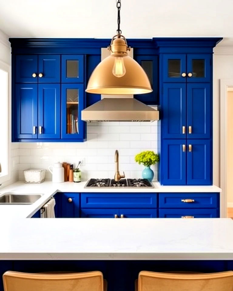 bold lighting with royal blue cabinets for farmhouse kitchen - 30 Blue Farmhouse Kitchen Cabinets