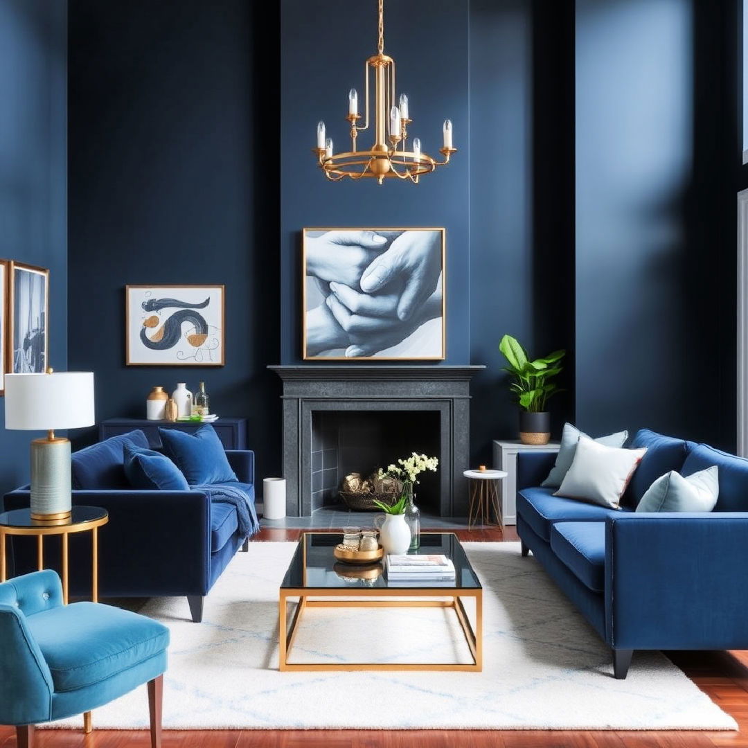 bold navy contrast to add luxurious touch - 25 Monochromatic Living Room Ideas