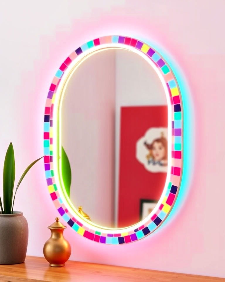 bold neon mosaic mirror frame design - 20 Mosaic Mirror Ideas