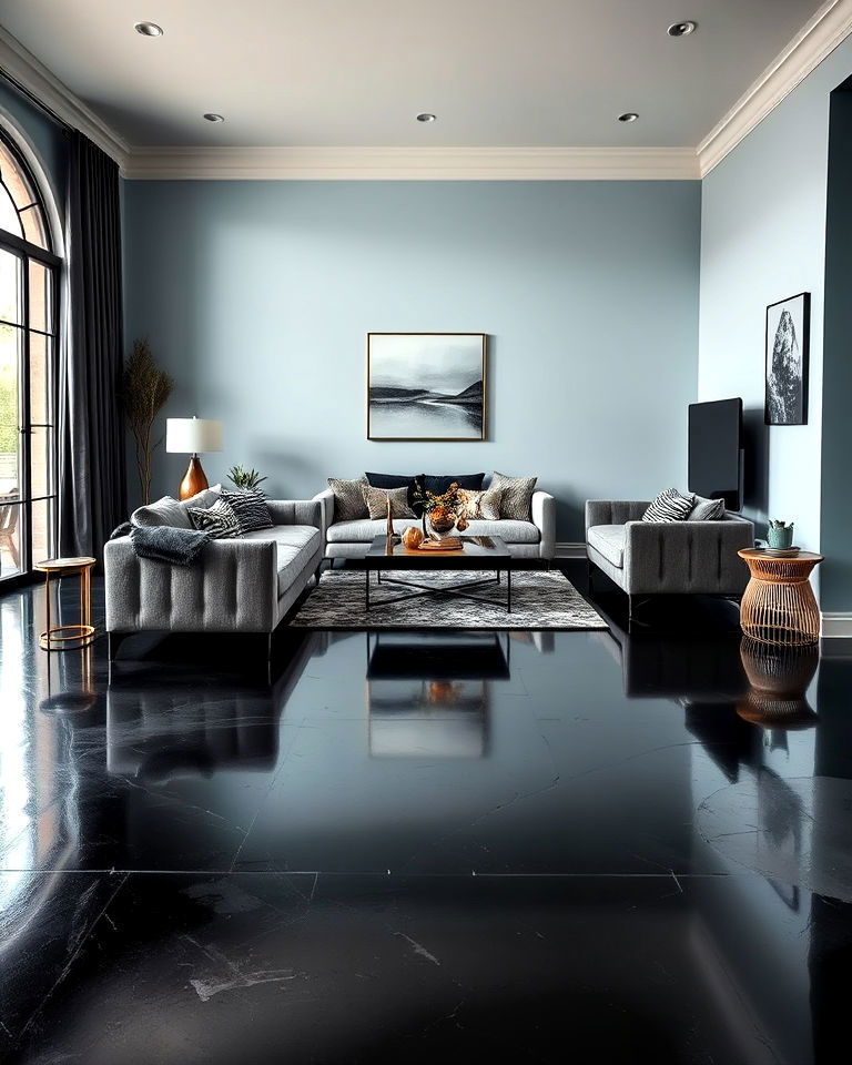 bold polished black concrete floor - 20 Concrete Floor Living Room Ideas