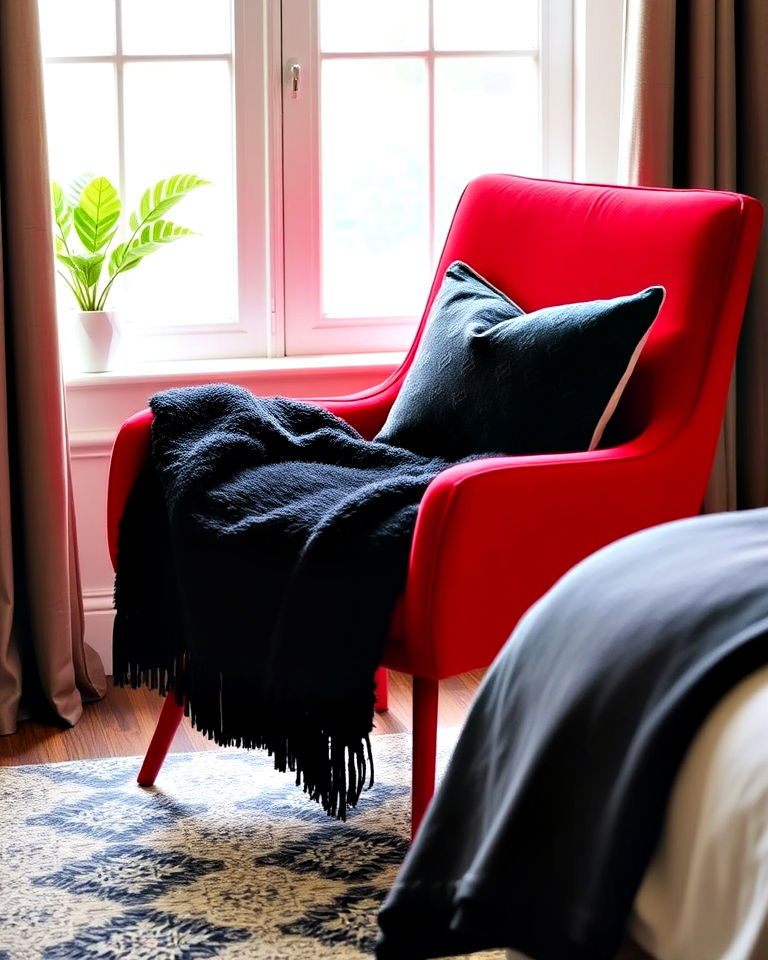 bold red statement chair with black throw - 25 Red and Black Bedroom Ideas