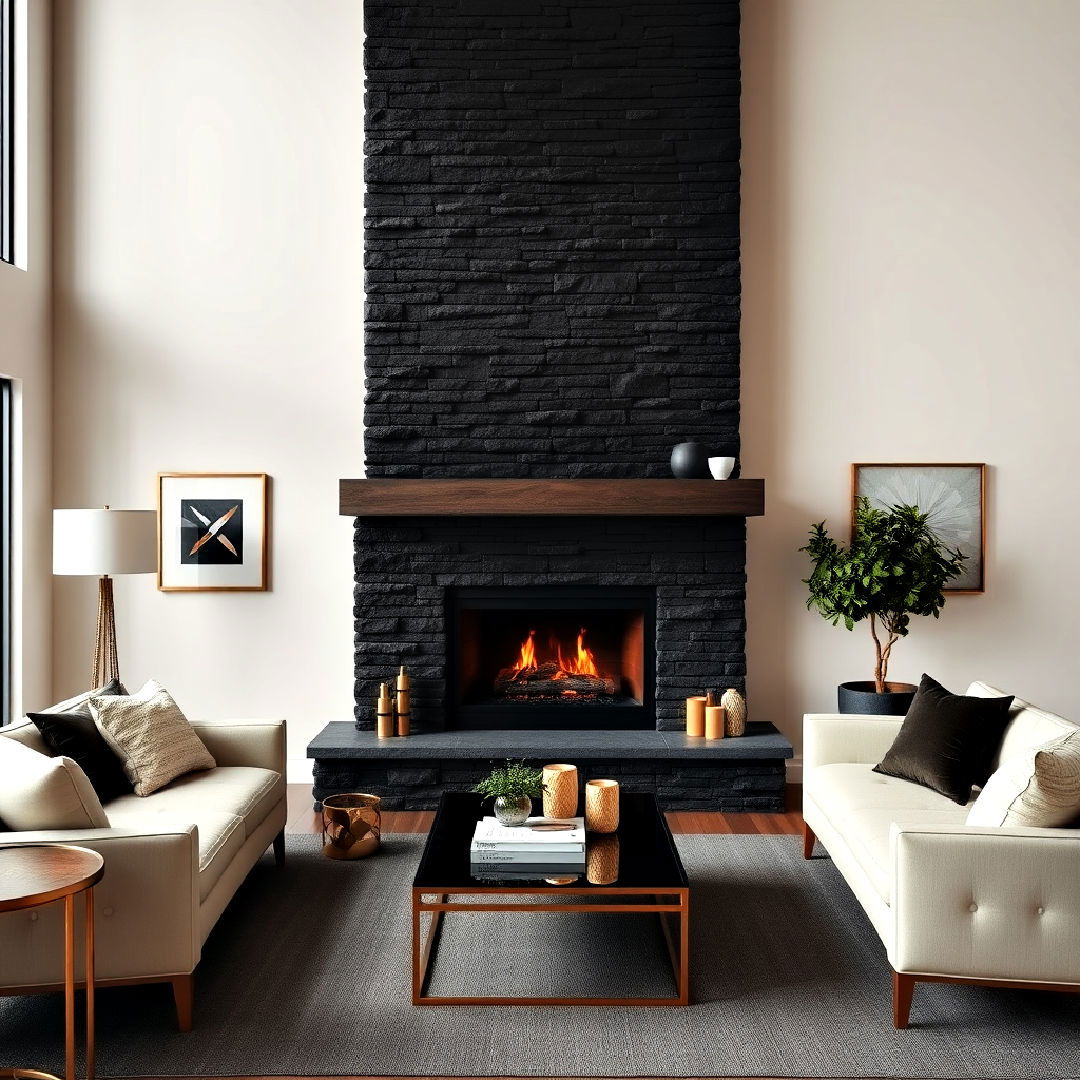 bold statement black stacked stone fireplace - 25 Stacked Stone Fireplace Ideas