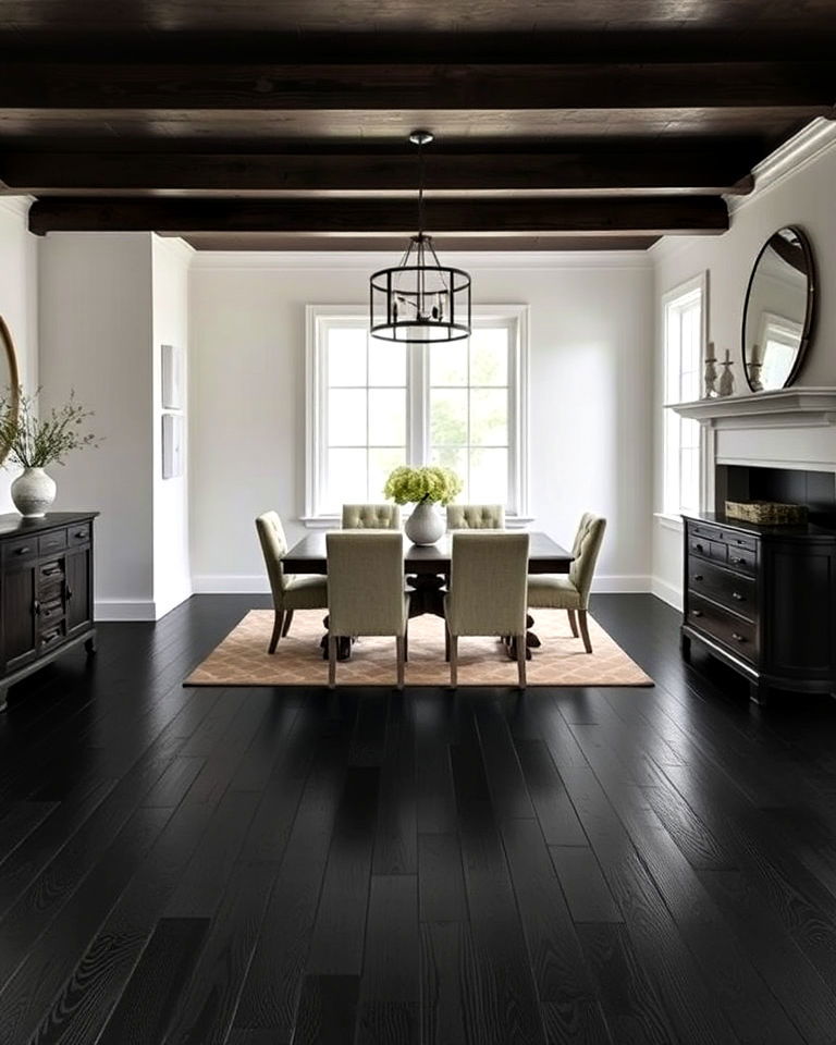 bold statement black stained wood floor - 40 Farmhouse Flooring Ideas