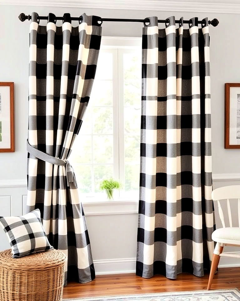 bold statement buffalo check curtains - 40 Farmhouse Window Treatment Ideas
