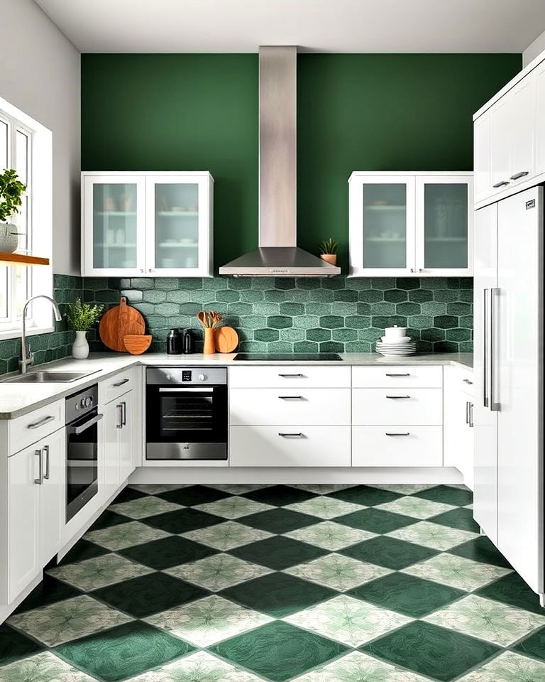 bold statement dark green geometric tiles - 40 Dark Green Kitchen Ideas