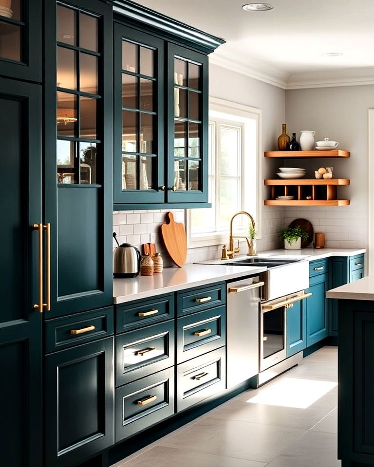 bold statement deep teal cabinets - 40 Kitchen Cabinet Color Ideas