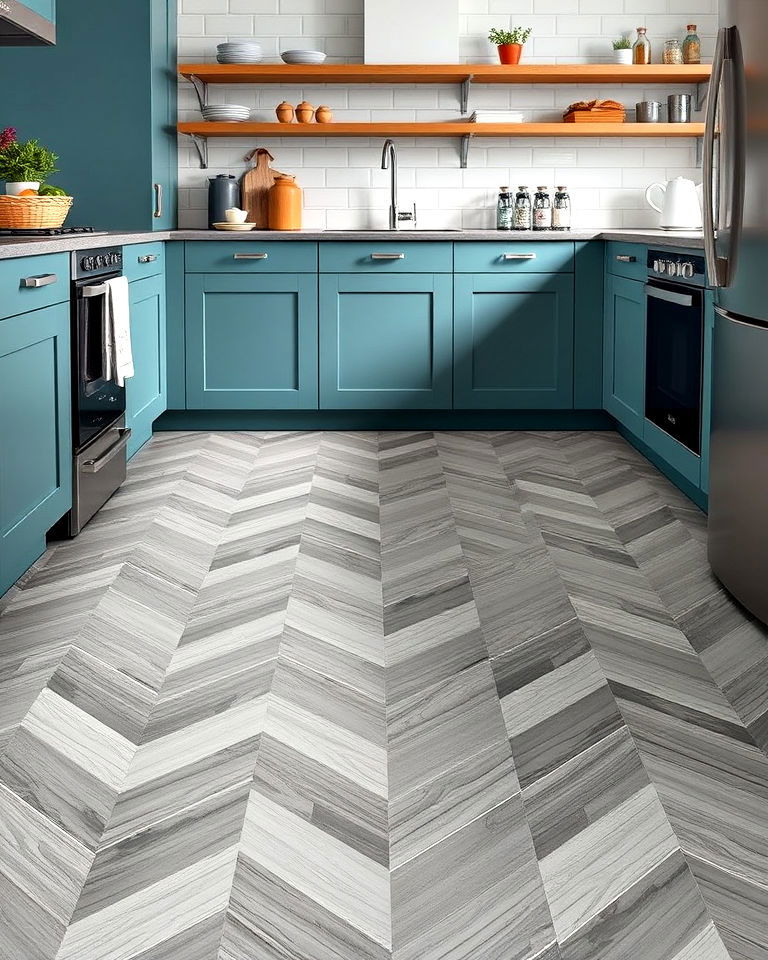 bold statement grey chevron tiles - 20 Kitchens With Grey Floors