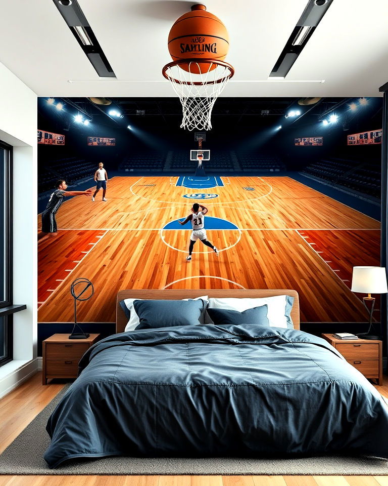 bold statement life size basketball wall mural - 25 Basketball Room Decor Ideas