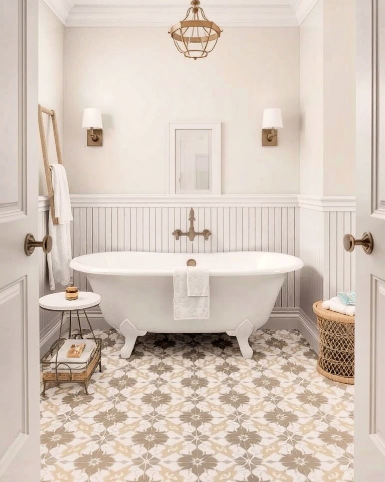 bold statement patterned floor tiles - 30 Transitional Bathroom Ideas