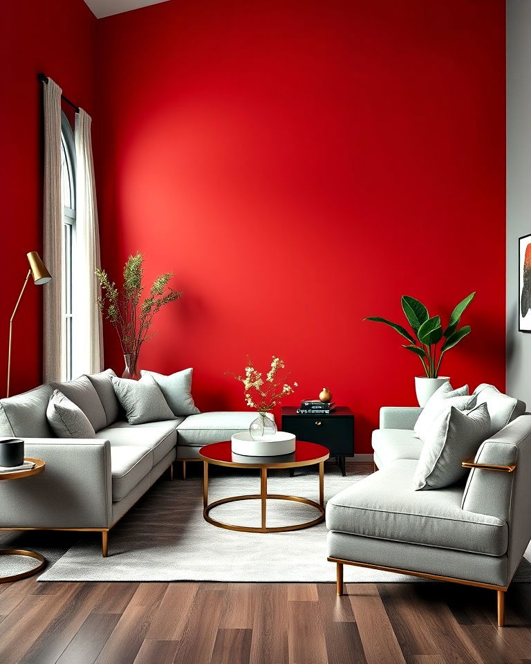 bold statement wall for red and grey living room - 25 Red and Grey Living Room Ideas