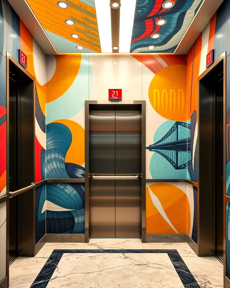bold statement with artistic murals - 25 Elevator Design Ideas