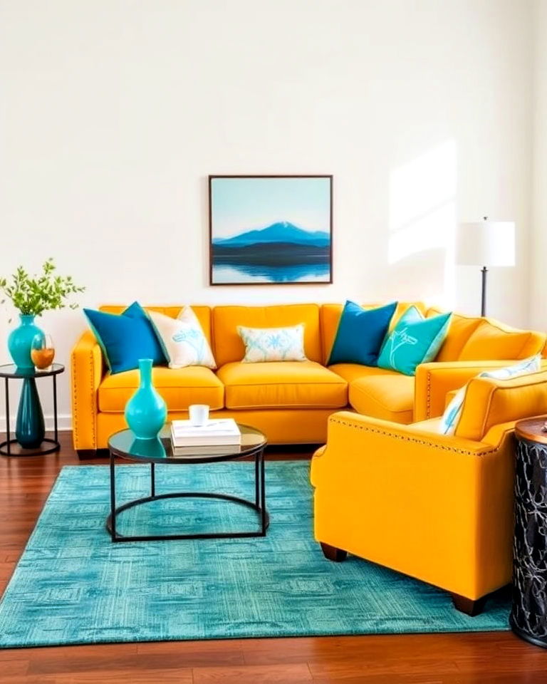 bold statement yellow sofa with teal accessories - 25 Teal and Yellow Living Room Ideas