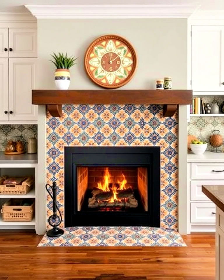 bold style colorful tile surround fireplace - 25 Kitchens With Fireplaces