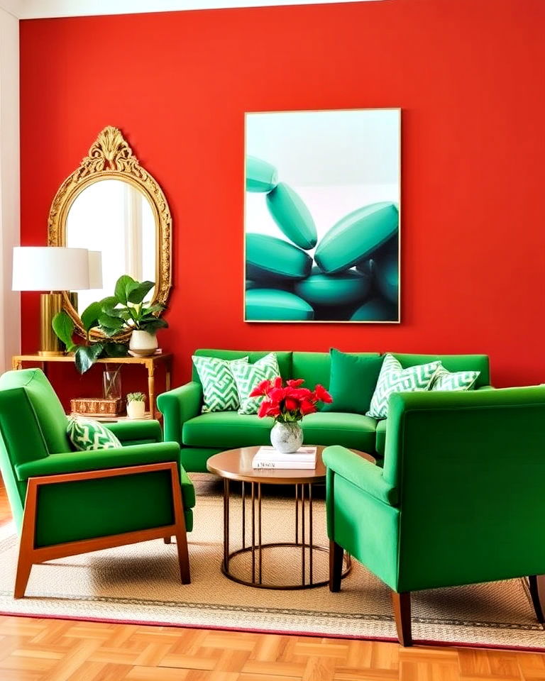 bold terracotta accent wall with green furniture - 20 Green and Terracotta Living Room Ideas