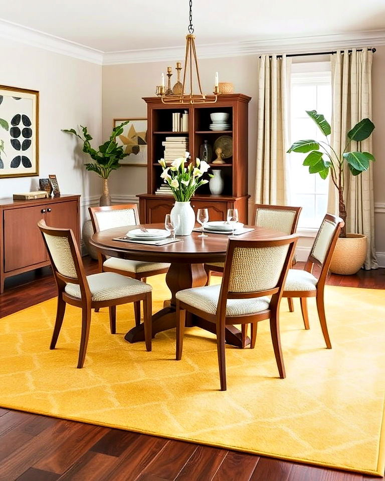 bold yellow area rug for dining space - 20 Yellow Dining Room Ideas