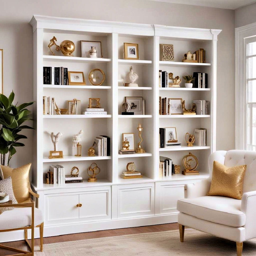 bookshelves for white and gold living room - 25 White and Gold Living Room Ideas