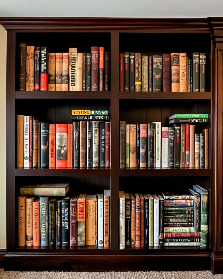 bookshelves stocked with hunting literature - 25 Hunting Room Ideas