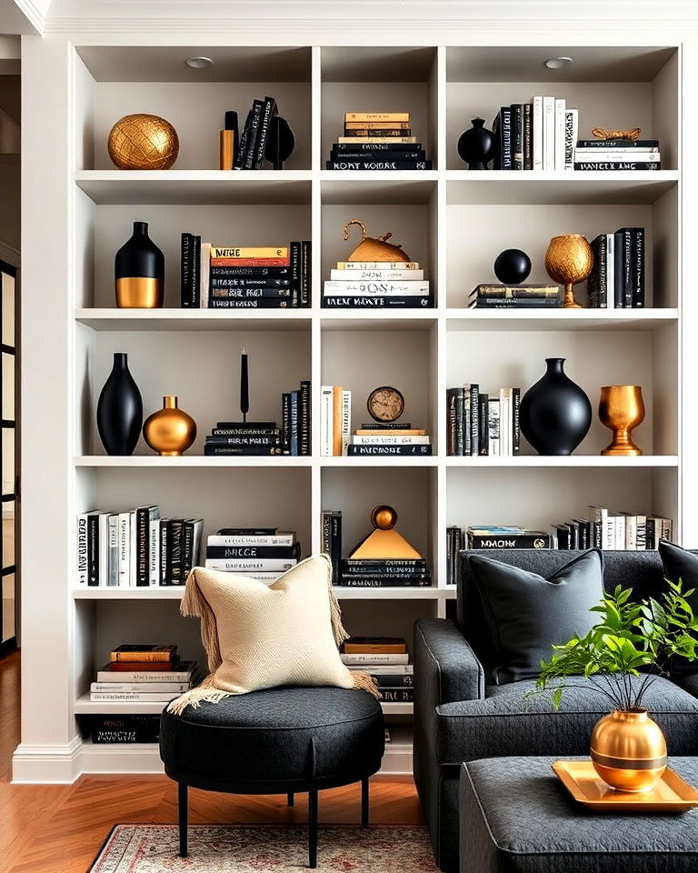 bookshelves with black and gold accents - 40 Black and Gold Living Room Ideas