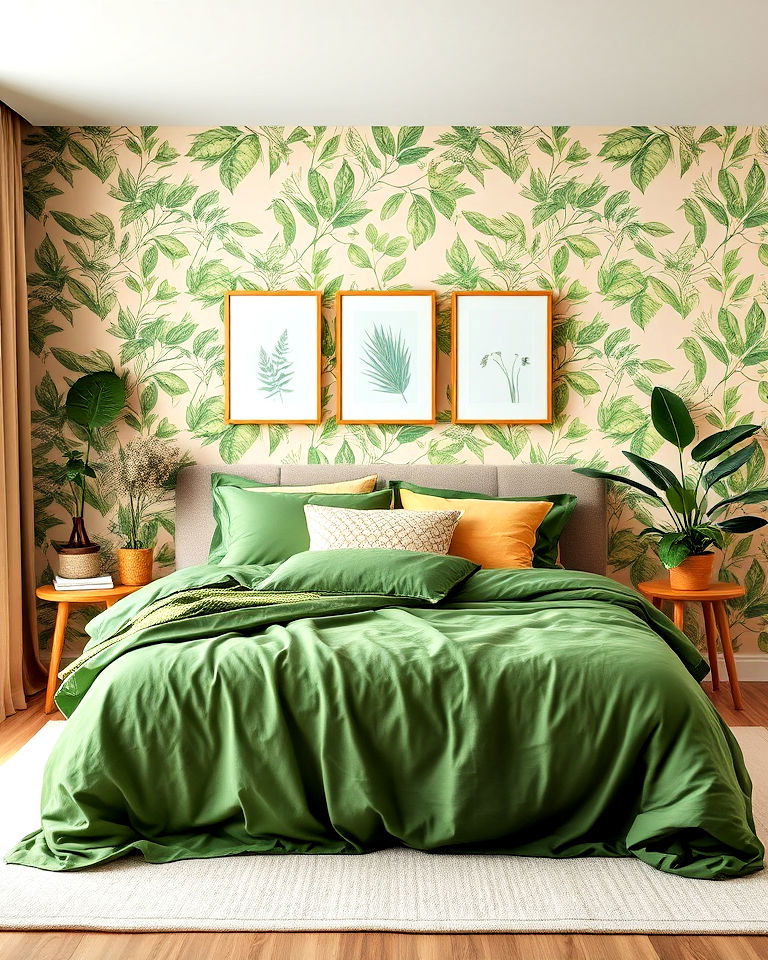 botanical inspired green and beige bedroom - 30 Green and Beige Bedroom Ideas