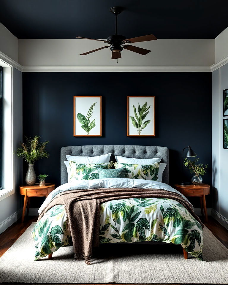 botanical prints for dark blue bedroom - 30 Dark Blue Bedroom Ideas
