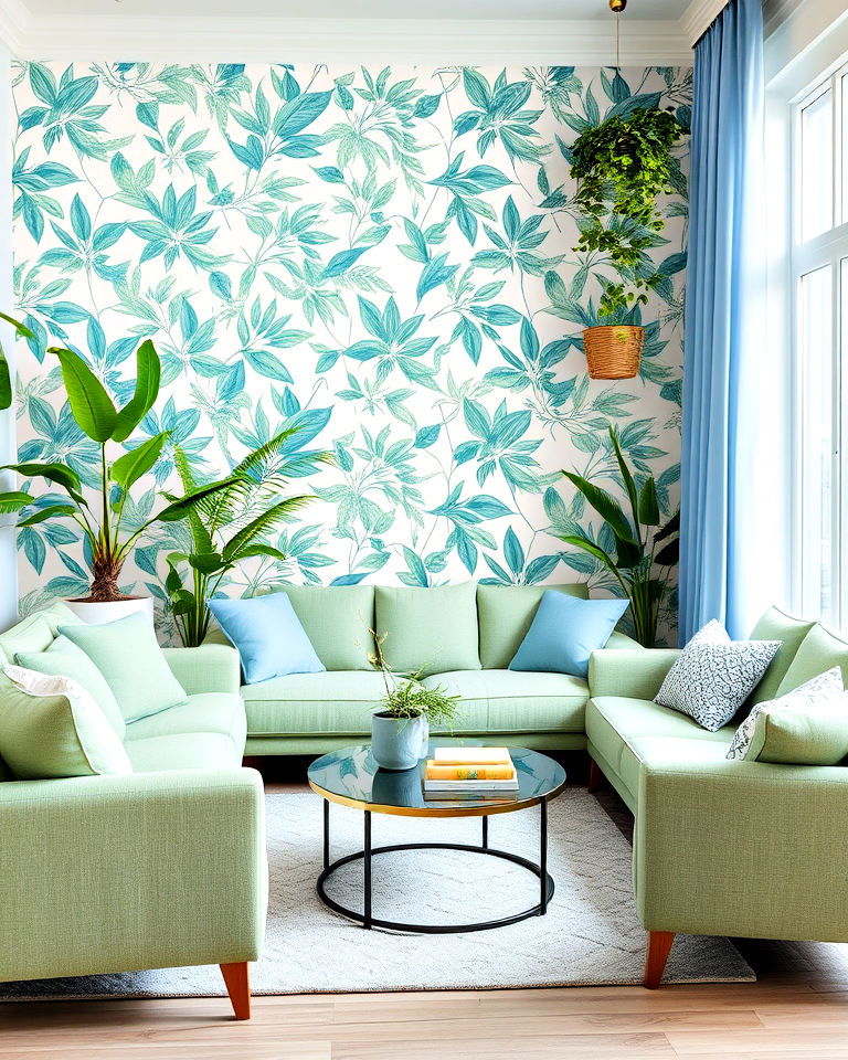 botanical theme blue and green living room - 20 Blue and Green Living Room Ideas