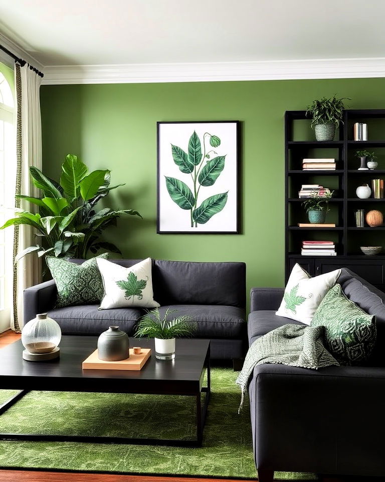 botanical vibe black and green living room - 30 Black and Green Living Room Ideas