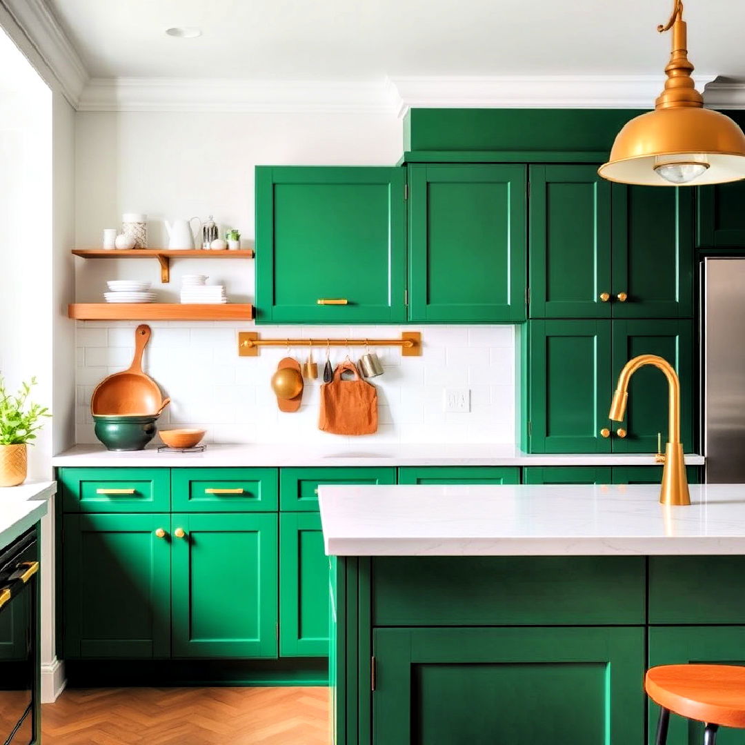 brass accents for emerald green kitchen - 25 Emerald Green Kitchen Ideas