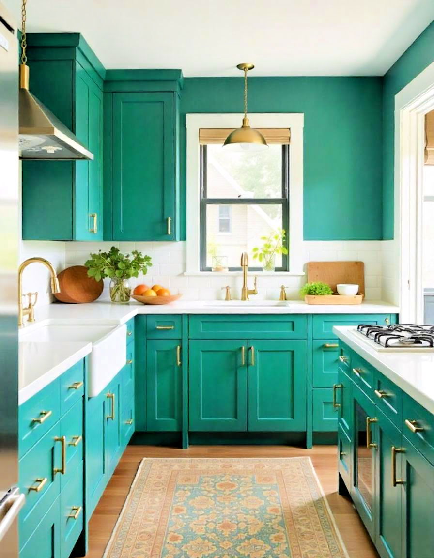 brass accents to complement teal walls - 20 Teal Kitchen Ideas