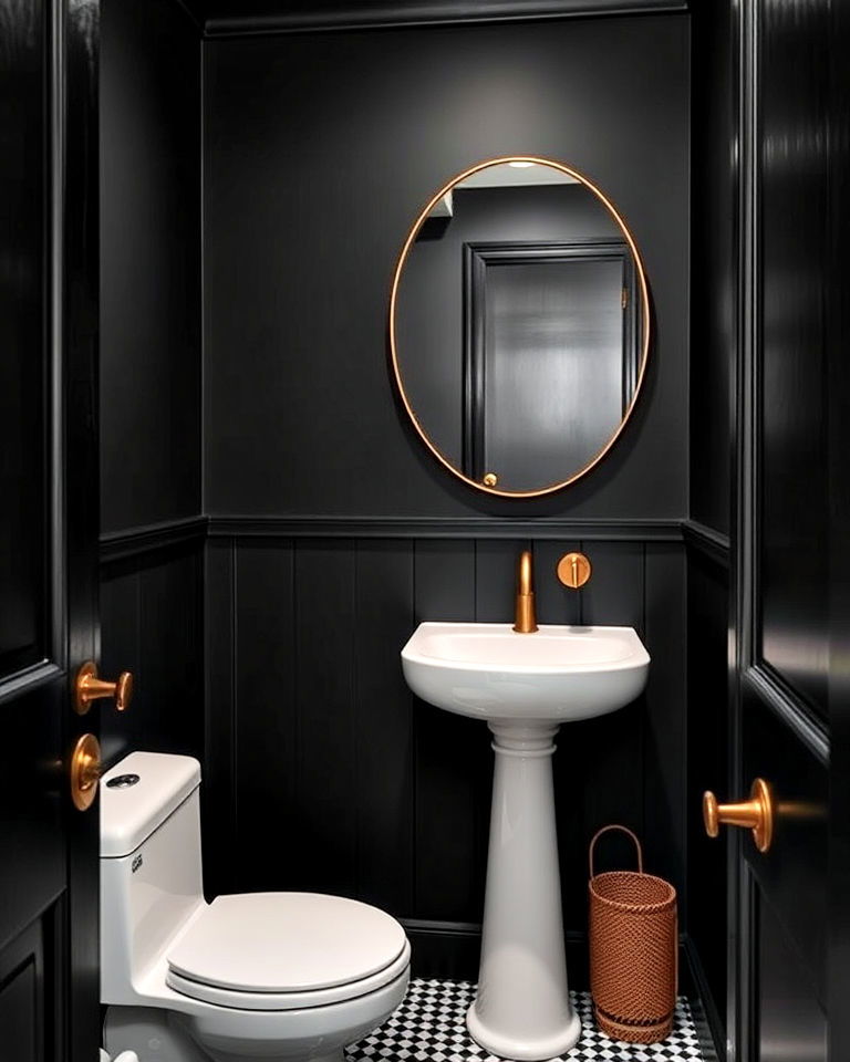 brass fixtures and matte black walls - 25 Black Powder Room Ideas
