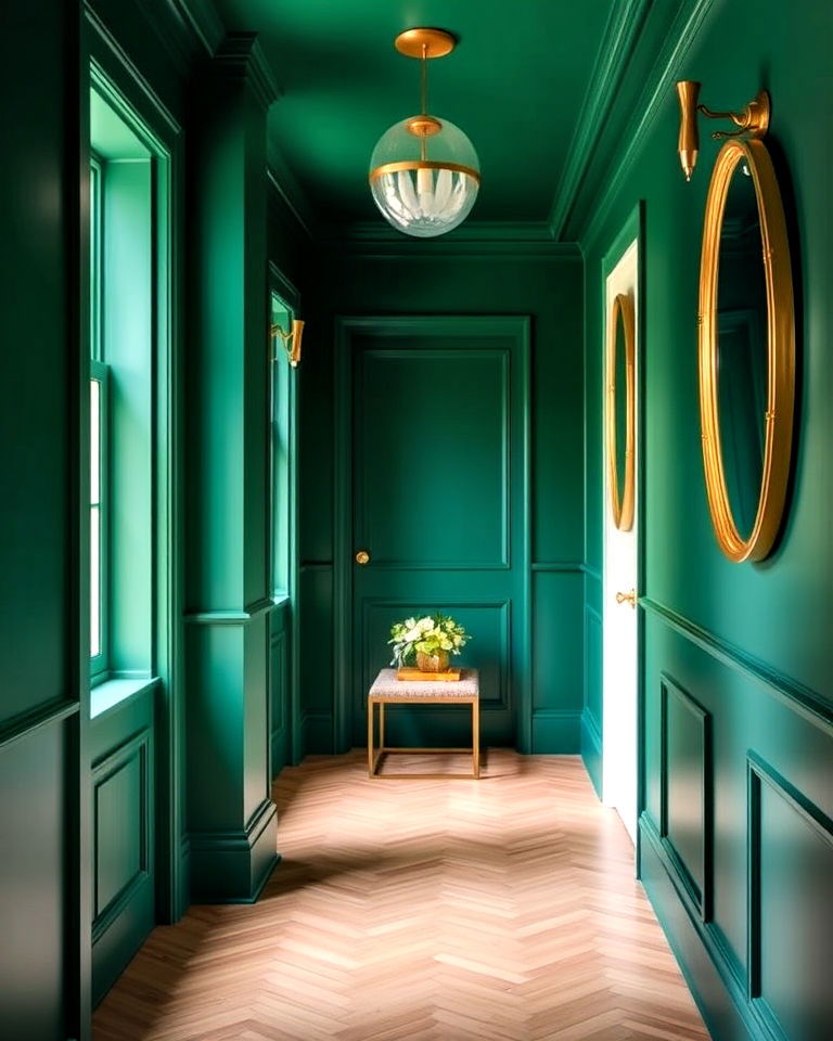 brass fixtures for emerald green hallway - 20 Green Hallway Ideas